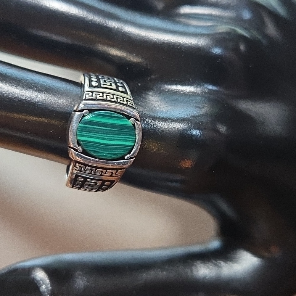 Malachite Sterling Silver Greek Key Pattern Ring Size 7.75